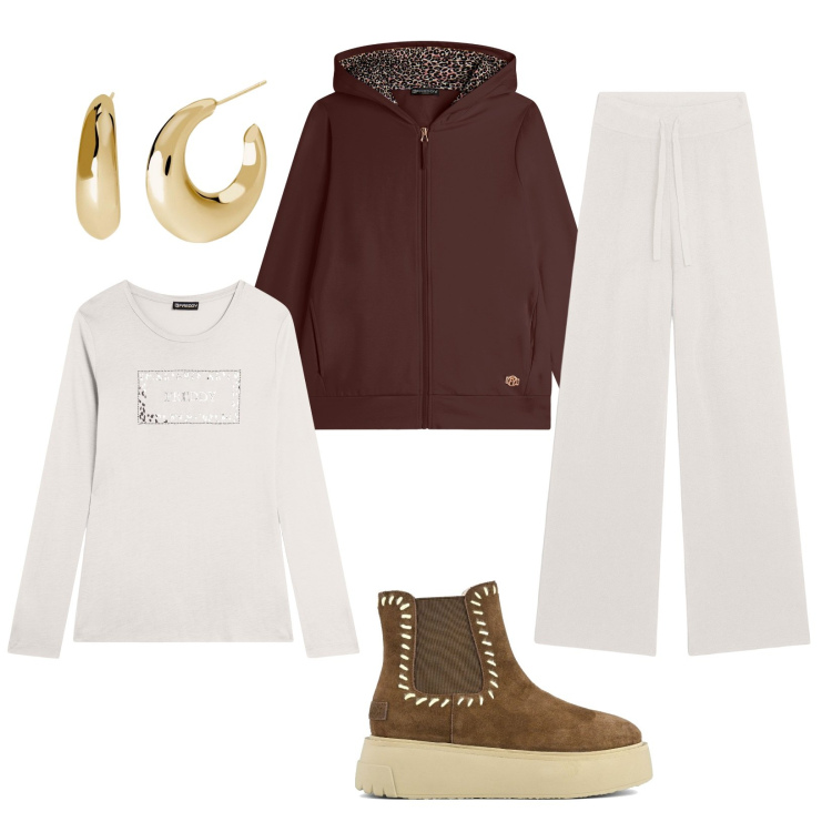 Outfit donna - Natale in famiglia. Stile Casual per Tutti i giorni. Abbinamento con orecchini, felpe con cappuccio, t-shirt, pantaloni, stivaletti.