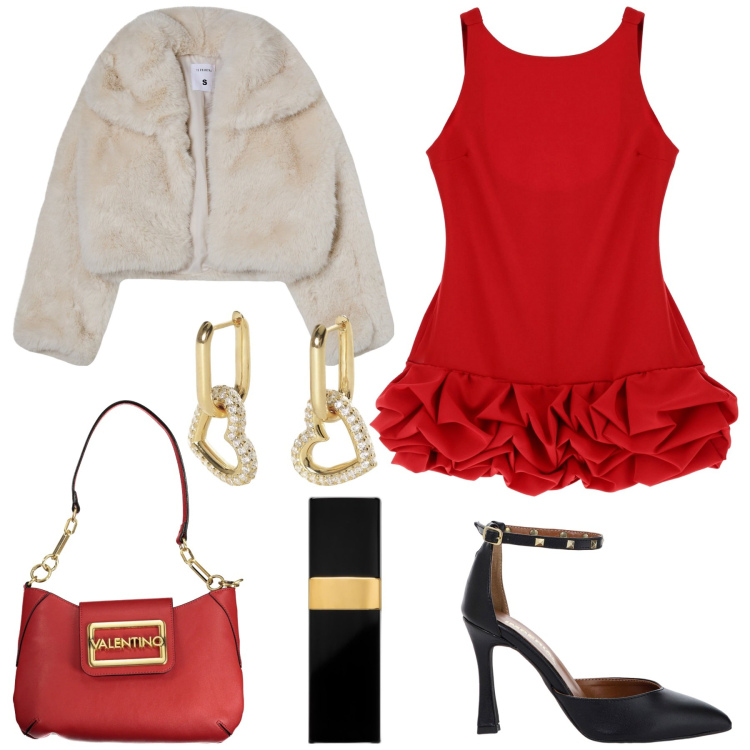 Outfit donna - Serata in discoteca. Stile Chic per Serata fuori. Abbinamento con profumi, blazer, orecchini, décolleté, vestiti asimmetrici, borse a spalla.