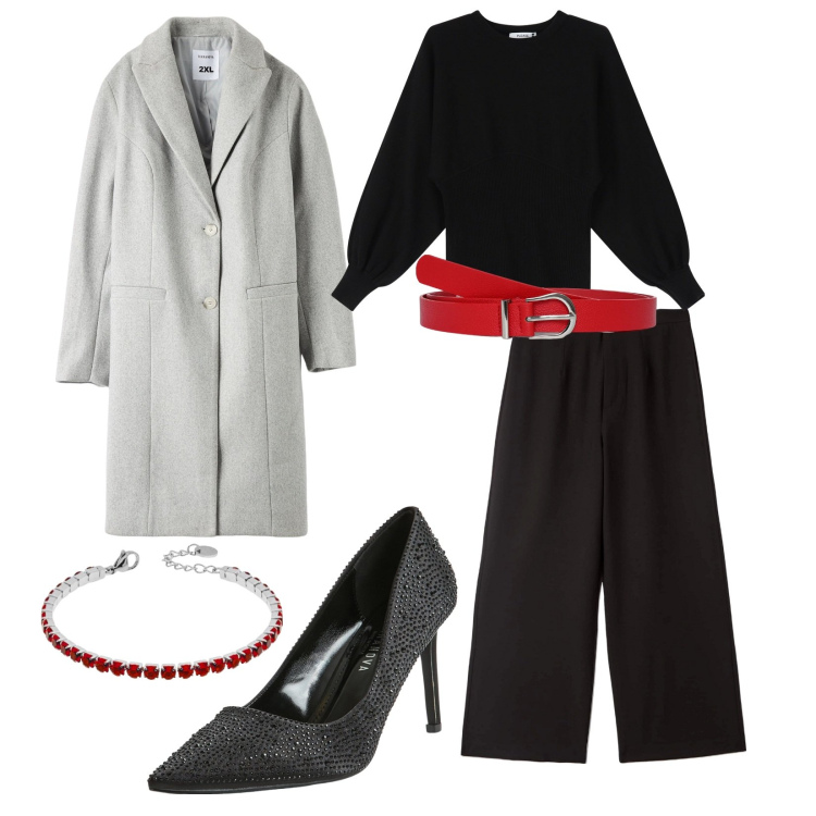 Outfit donna - Look da festa. Stile Chic per Serata fuori. Abbinamento con cinture, pantaloni, cappotti, décolleté, maglieria, braccialetti.