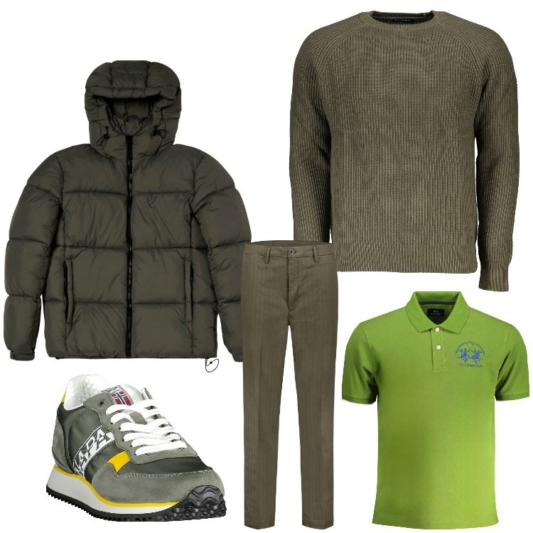 Outfit uomo - Gradazioni di verde. Stile Business/Elegante per Ufficio. Abbinamento con piumini, pantaloni, sneakers, maglieria, polo.