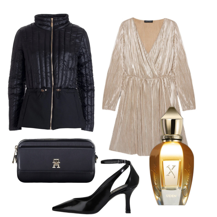 Outfit donna - Look da festa. Stile Chic per Serata fuori. Abbinamento con profumi, piumini, décolleté, borse a tracolla, vestiti.