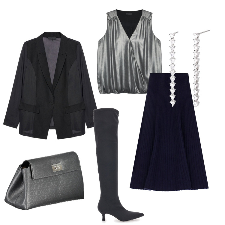 Outfit donna - Look da festa. Stile Chic per Serata fuori. Abbinamento con orecchini, gonne longuette, stivali, blazer, top, borse a tracolla.