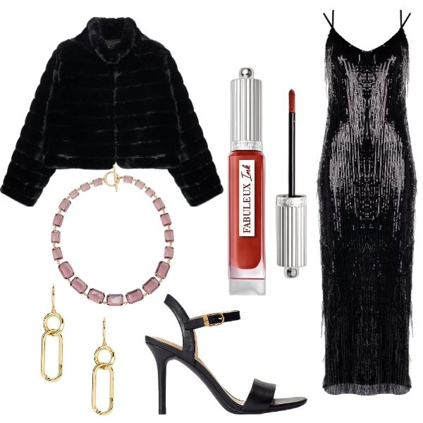 Outfit donna - Pronti per festeggiare. Stile Glamour per Serata fuori. Abbinamento con rossetti, vestiti lunghi, sandali in pelle, collane, orecchini, blazer.