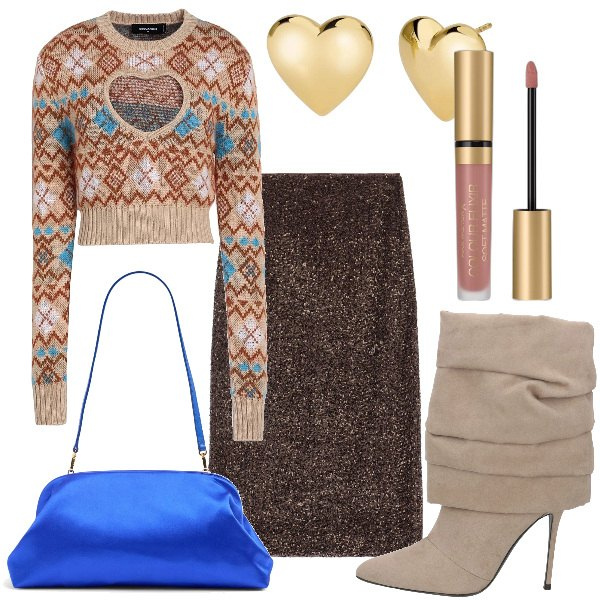 Outfit donna - Trendy in love. Stile Trendy per Serata fuori. Abbinamento con rossetti, pullovers, stivaletti, orecchini, gonne, borse a spalla.