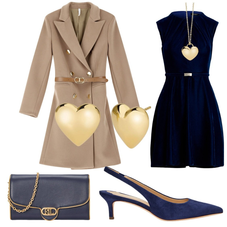 Outfit donna - Dicembre in blu e oro. Stile Chic per Serata fuori. Abbinamento con orecchini, collane, cappotti, décolleté, vestiti, borse a tracolla.