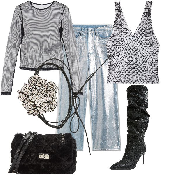 Outfit donna - Sensual at the disco. Stile Sexy per Serata fuori. Abbinamento con jeans, collane, top, borse a spalla, stivali, maglieria.