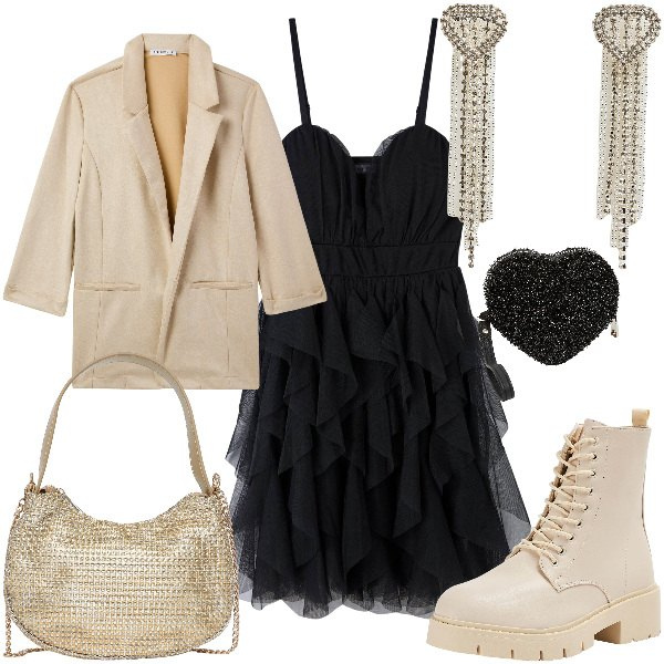 Outfit donna - Tulle & combat boots. Stile Romantica per Serata fuori. Abbinamento con portafogli, blazer, anfibi, vestiti corti, orecchini, borse a spalla.