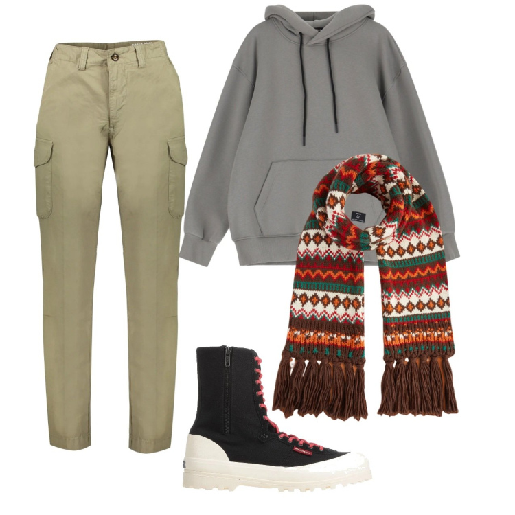 Outfit uomo - In giro. Stile Casual per Tutti i giorni. Abbinamento con anfibi, felpe con cappuccio, sciarpe, pantaloni.