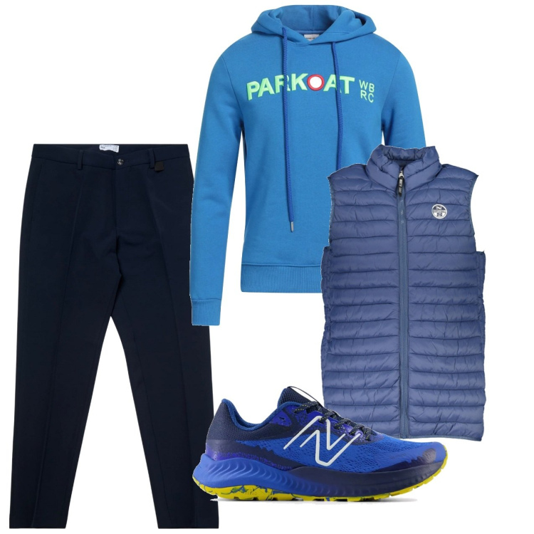 Outfit uomo - Strati di blu. Stile Casual per Tutti i giorni. Abbinamento con felpe con cappuccio, pantaloni chino, sneakers, giacche.