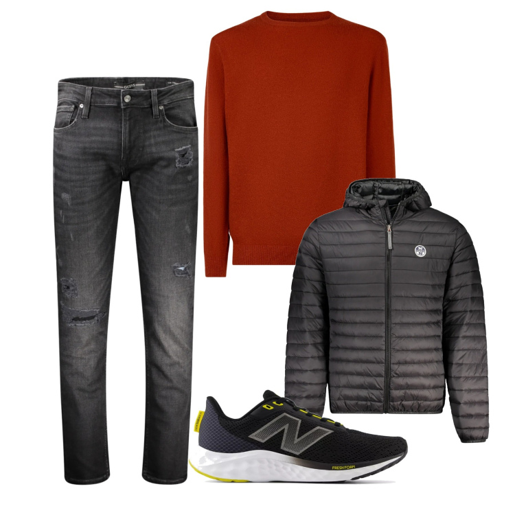 Outfit uomo - Red touch. Stile Casual per Tutti i giorni. Abbinamento con sneakers, maglieria, jeans strappati, giacche.
