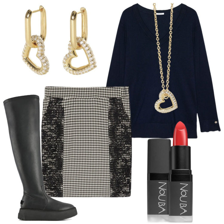 Outfit donna - Cuori a Natale. Stile Bon Ton per Serata fuori. Abbinamento con rossetti, collane, orecchini, stivali sopra il ginocchio, maglieria, gonne.