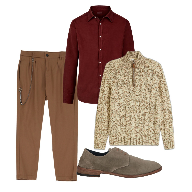 Outfit uomo - Un\'aria inglese. Stile Trendy per Tutti i giorni. Abbinamento con maglieria, scarpe stringate, pantaloni, camicie.