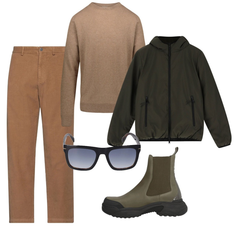 Outfit uomo - Pomeriggio. Stile Casual per Tutti i giorni. Abbinamento con pantaloni chino, stivali e stivaletti, piumini, maglieria, occhiali da sole.