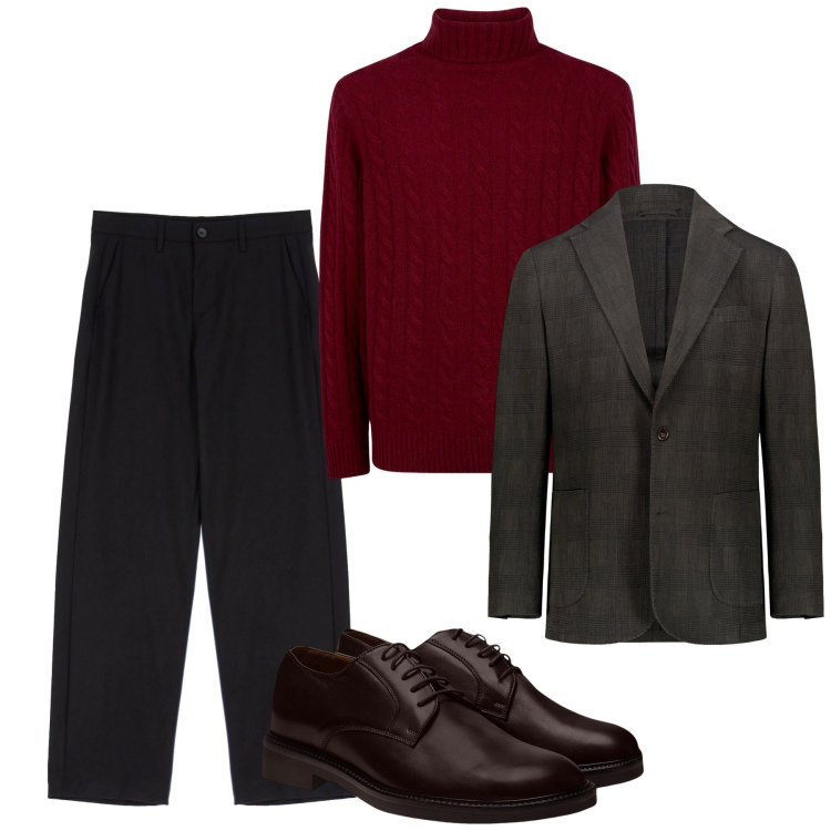 Outfit uomo - Il pull rosso cupo. Stile Trendy per Serata speciale. Abbinamento con pantaloni, scarpe stringate, giacche, maglieria.