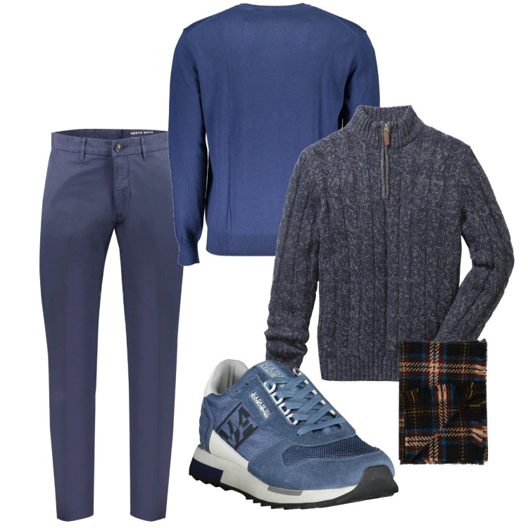 Outfit uomo - All blue. Stile Casual per Tutti i giorni. Abbinamento con maglieria, sciarpe, pantaloni, sneakers, maglieria.