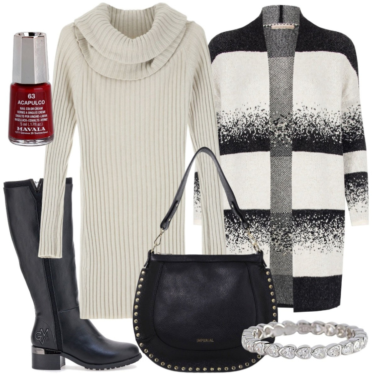 Outfit donna - Il cardigan che mi piace. Stile Minimal per Tutti i giorni. Abbinamento con smalti, anelli, cardigans, vestiti corti, borse a spalla, stivali.