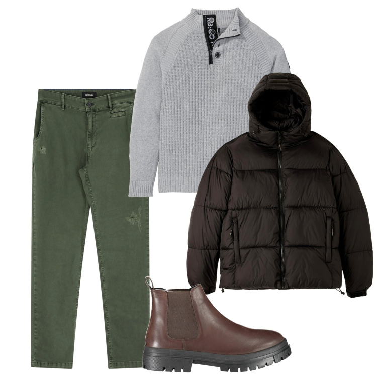 Outfit uomo - City time. Stile Casual per Tutti i giorni. Abbinamento con maglieria, piumini, pantaloni chino, stivali.