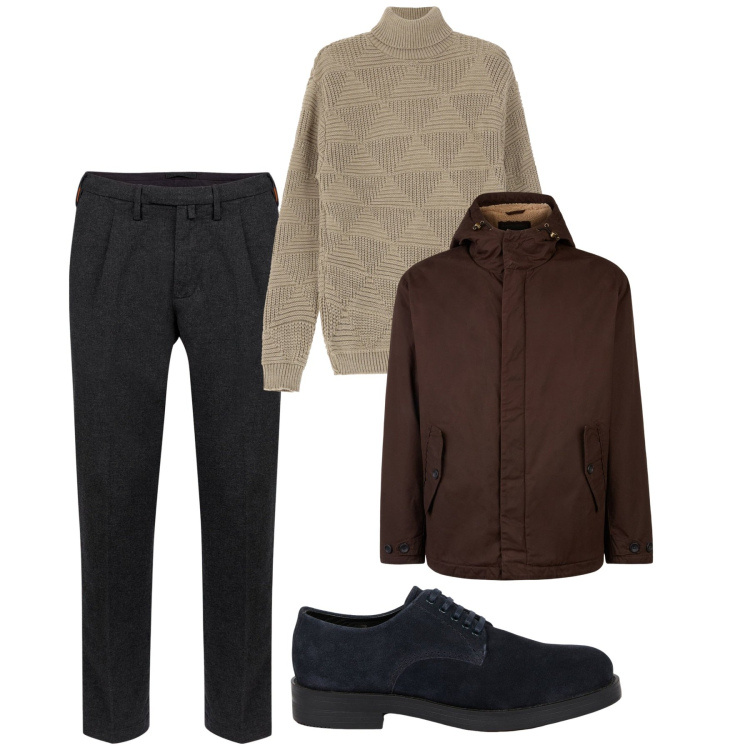 Outfit uomo - Dicembre. Stile Casual per Tutti i giorni. Abbinamento con maglieria, giacche, scarpe stringate, pantaloni.