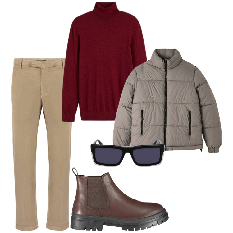Outfit uomo - Domenica. Stile Casual per Tutti i giorni. Abbinamento con maglieria, piumini, pantaloni, stivali, occhiali da sole.