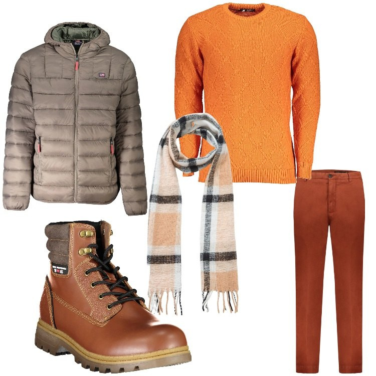 Outfit uomo - I colori caldi. Stile Casual per Tutti i giorni. Abbinamento con sciarpe, pantaloni, maglieria, stivali, giacche.