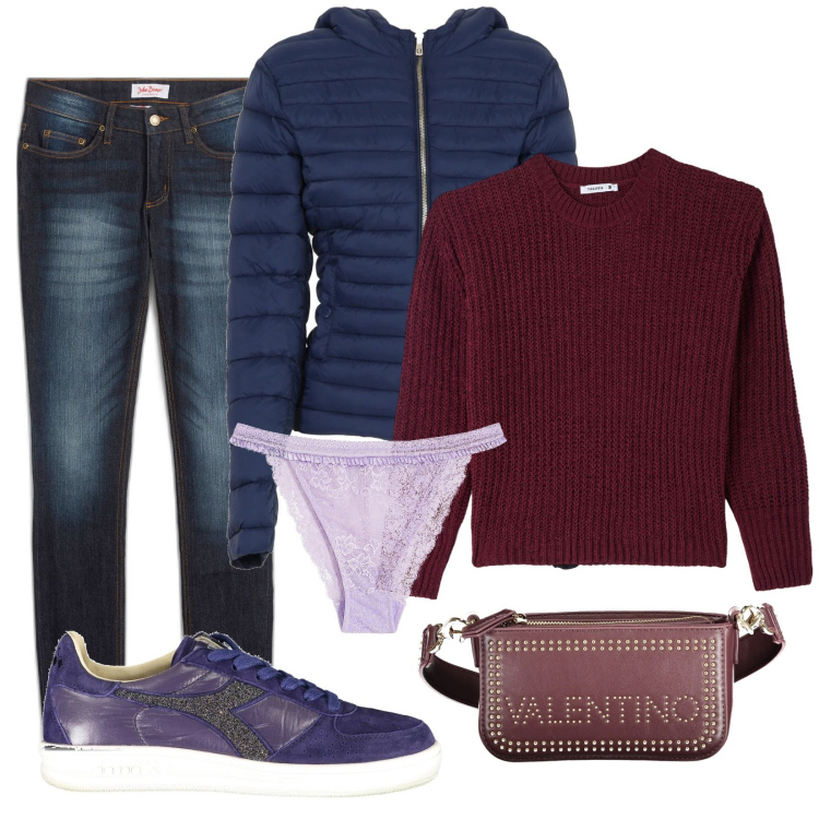 Outfit donna - Blu e bordeaux mix. Stile Casual per Tutti i giorni. Abbinamento con jeans skinny, perizomi, maglieria, piumini, sneakers, borse a spalla.
