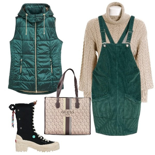 Outfit donna - Tutina Premaman. Stile Urban per Tutti i giorni. Abbinamento con gilet, salopette, stivaletti, maglieria, borse a spalla.