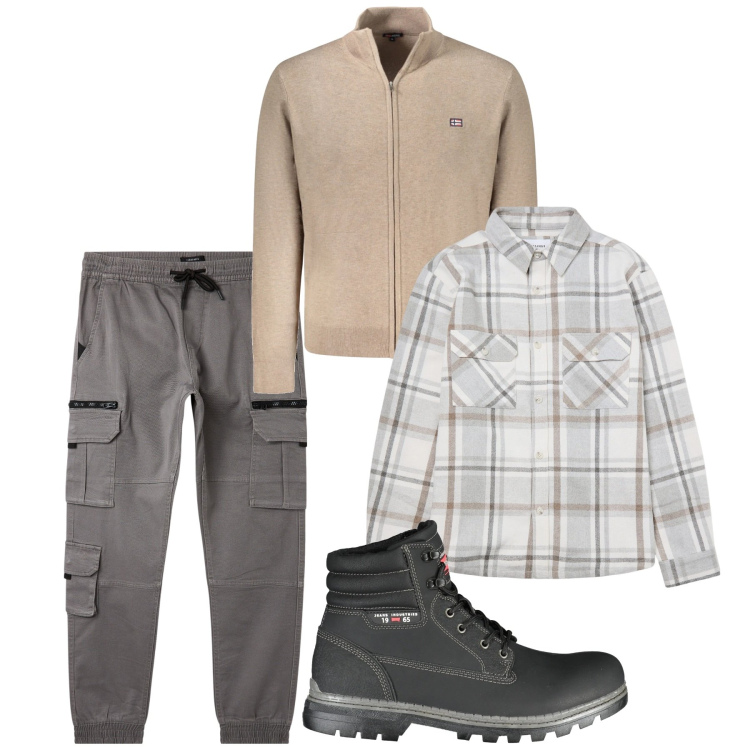 Outfit uomo - Greige. Stile Casual per Tutti i giorni. Abbinamento con pantaloni cargo, cappotti, stivali, cardigans.