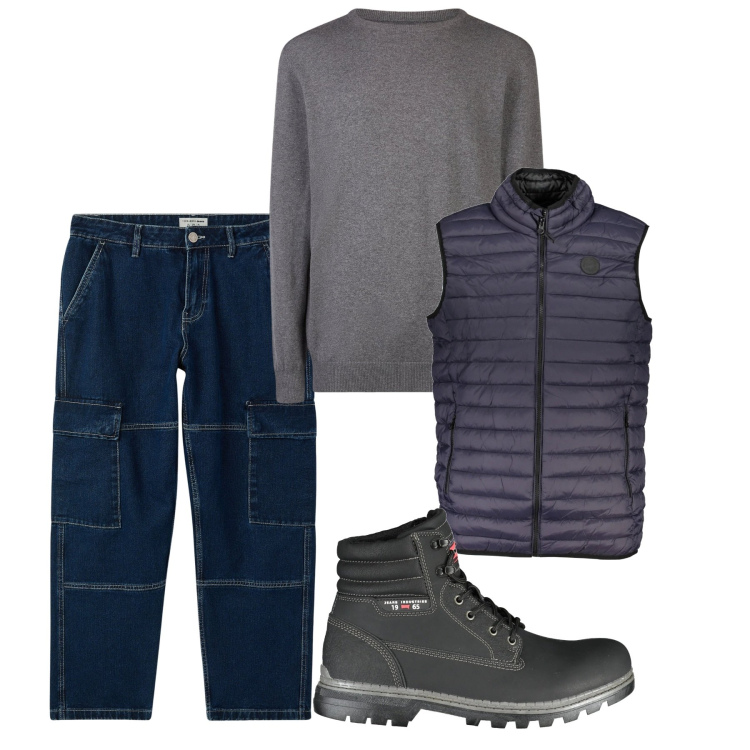 Outfit uomo - Cargo denim. Stile Casual per Tutti i giorni. Abbinamento con jeans, maglieria, giacche, stivali.