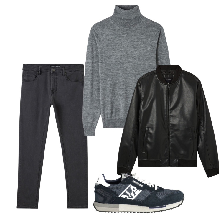 Outfit uomo - Piombo. Stile Casual per Tutti i giorni. Abbinamento con bomber, maglieria, pantaloni skinny, sneakers.