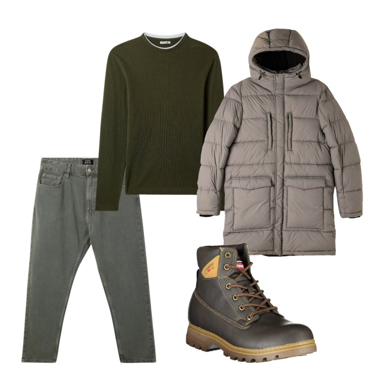 Outfit uomo - Pomeriggio. Stile Casual per Tutti i giorni. Abbinamento con pantaloni, piumini, maglieria, stivali.