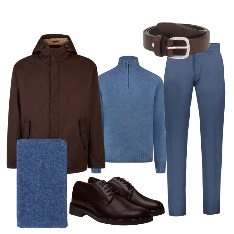 Outfit uomo - In ufficio. Stile Trendy per Ufficio. Abbinamento con cinture, sciarpe, scarpe stringate, giacche, pantaloni, maglieria.
