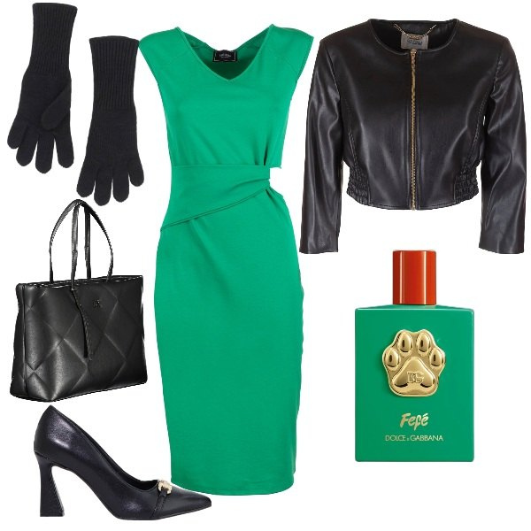 Outfit donna - Verde per l\'ufficio. Stile Chic per Ufficio. Abbinamento con profumi, vestiti midi/longuette, blazer, guanti, stivaletti, borse a spalla.