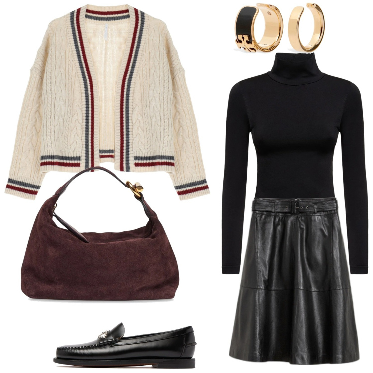 Outfit donna - Preppy style. Stile Preppy per Tutti i giorni. Abbinamento con gonne, cardigans, top, orecchini, mocassini, borse a mano.
