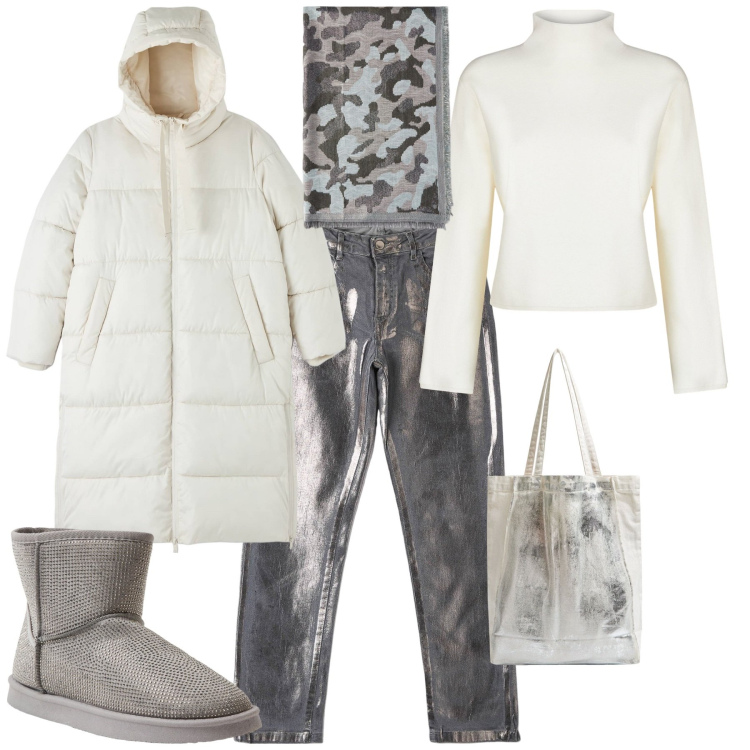 Outfit donna - Total look #2027944. Stile Trendy per Tutti i giorni. Abbinamento con stivali, piumini, jeans, shopping bag, sciarpe, cardigans.