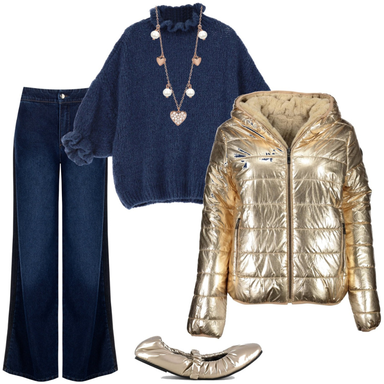 Outfit donna - Oro e blu casual. Stile Casual chic per Tutti i giorni. Abbinamento con collane, maglieria, jeans, ballerine, piumini.