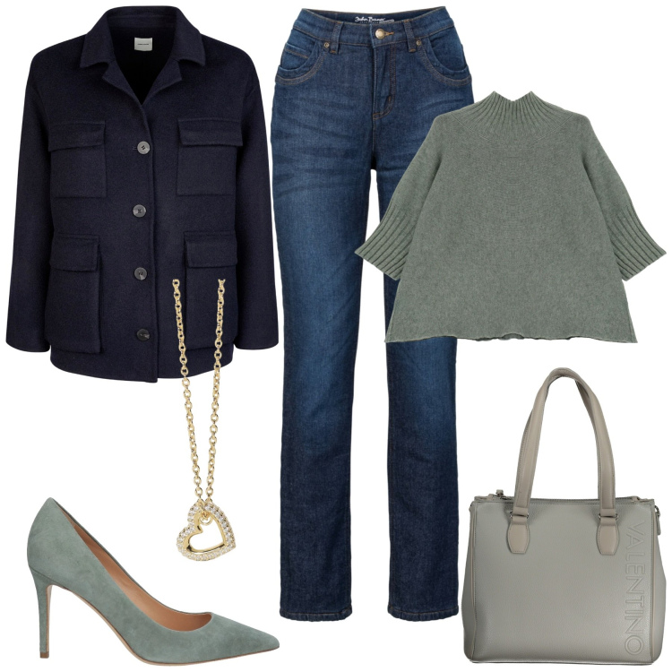 Outfit donna - Jeans e décolleté. Stile Casual chic per Tutti i giorni. Abbinamento con jeans dritti, décolleté, collane, maglieria, cappotti, borse a spalla.