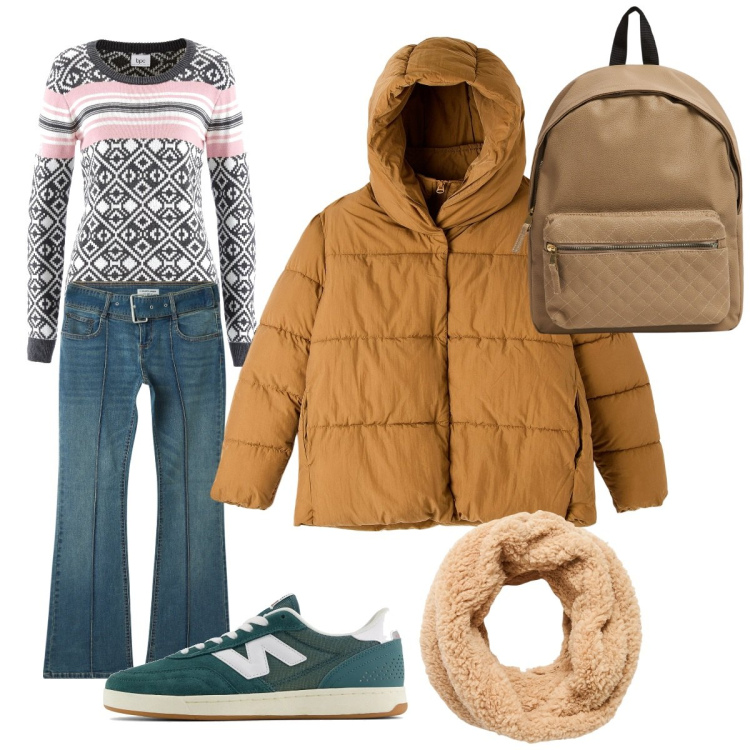 Outfit donna - Studente presso università. Stile Casual per Scuola/Università. Abbinamento con maglieria, piumini, jeans a zampa, sciarpe, zaini, sneakers.