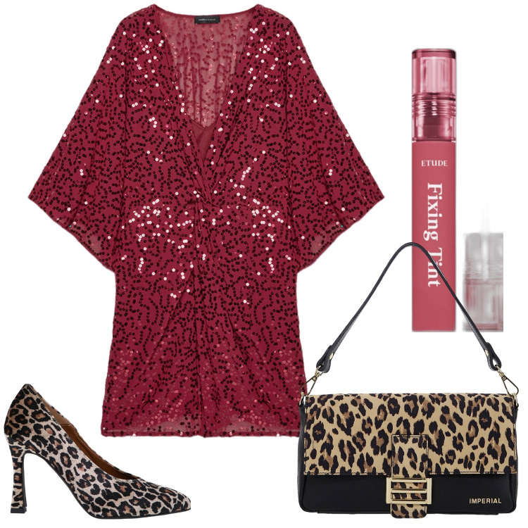 Outfit donna - Capodanno. Stile Glamour per Serata fuori. Abbinamento con rossetti, borse a spalla, décolleté, vestiti.