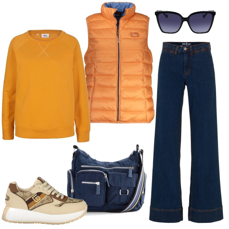 Outfit donna - A passeggio con Fido. Stile Casual per Tutti i giorni. Abbinamento con jeans, borse a tracolla, felpe, sneakers, blazer, occhiali da sole.
