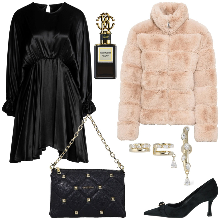 Outfit donna - Serata chic. Stile Chic per Serata fuori. Abbinamento con ecopellicce, décolleté, vestiti corti, profumi, borse a spalla, orecchini.