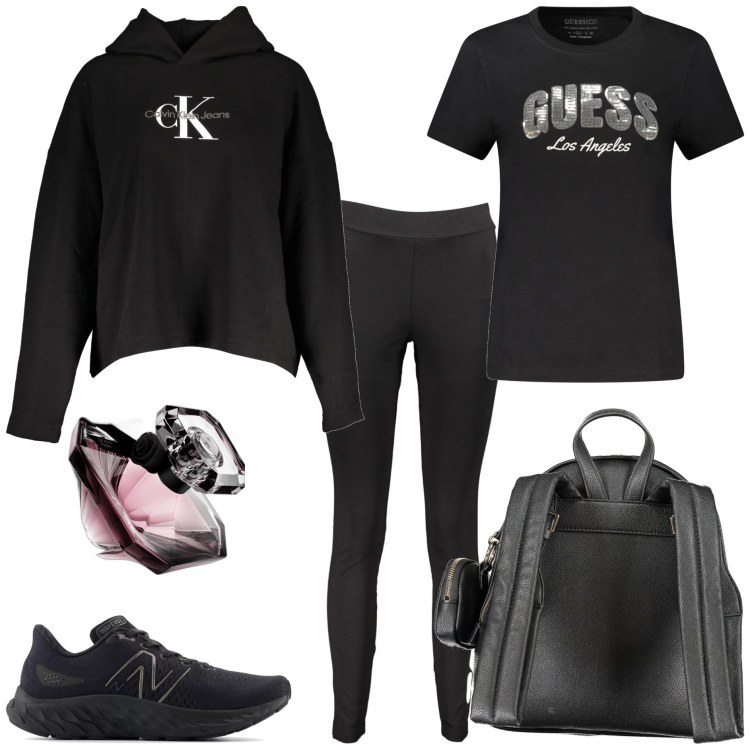 Outfit donna - Mi rimetto in forma. Stile Basic per Tutti i giorni. Abbinamento con profumi, sneakers, leggings, zaini, felpe con cappuccio, t-shirt.