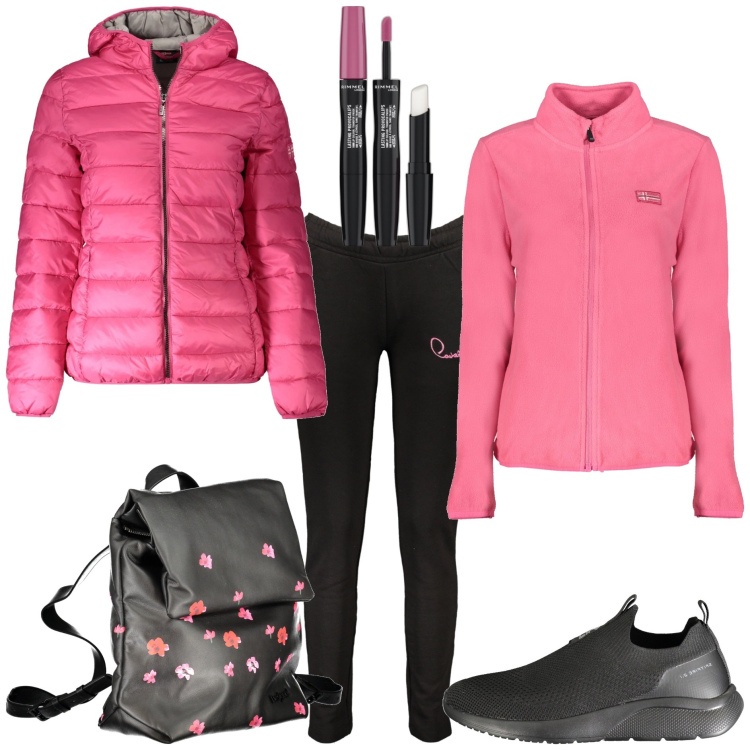 Outfit donna - Sportiva. Stile Basic per Tutti i giorni. Abbinamento con rossetti, blazer, felpe, zaini, pantaloni, sneakers.