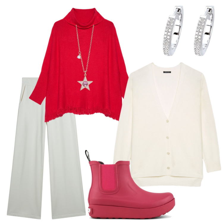 Outfit donna - Happy Christmas!. Stile Casual per Tutti i giorni. Abbinamento con orecchini, collane, pantaloni, stivali, maglieria, cardigans.