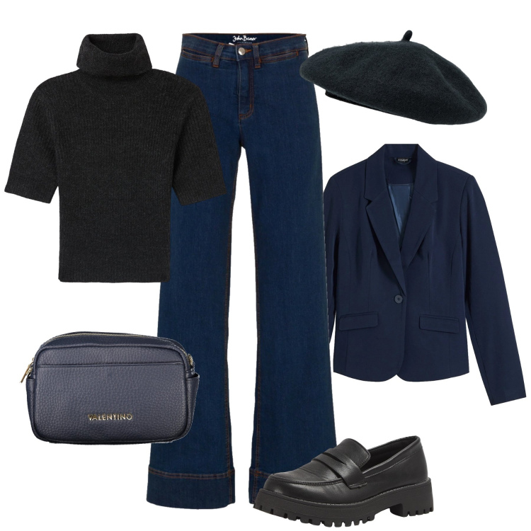 Outfit donna - Parisienne style. Stile Casual per Tutti i giorni. Abbinamento con jeans, blazer, mocassini, maglieria, borse a tracolla, cappelli e berretti.