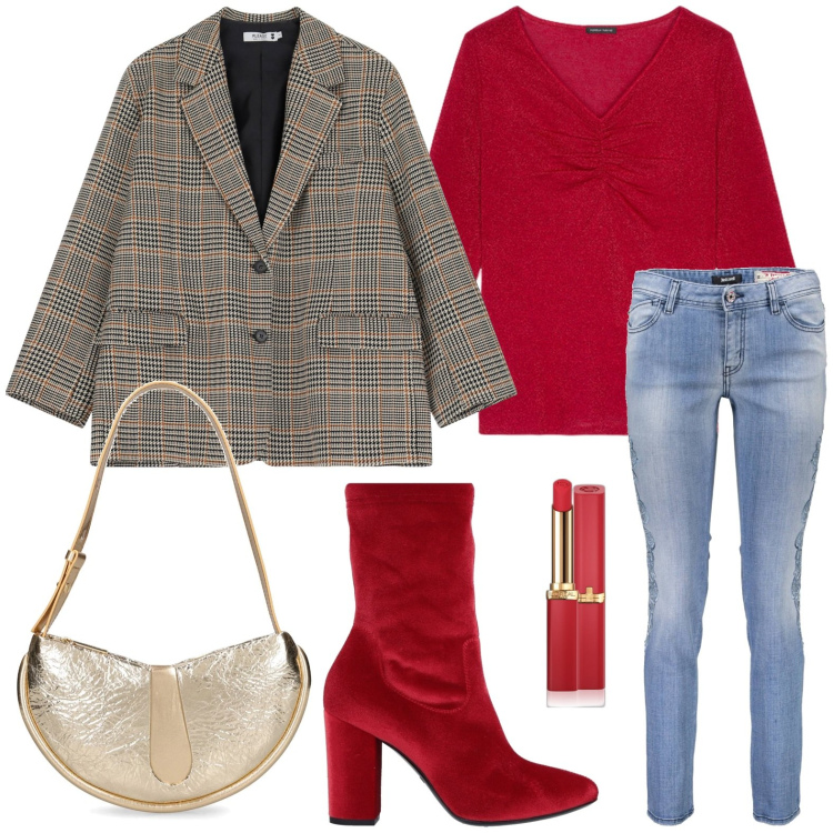 Outfit donna - La giacca principe di galles. Stile Bon Ton per Ufficio. Abbinamento con stivaletti, rossetti, blazer, borse a spalla, jeans, t-shirt.
