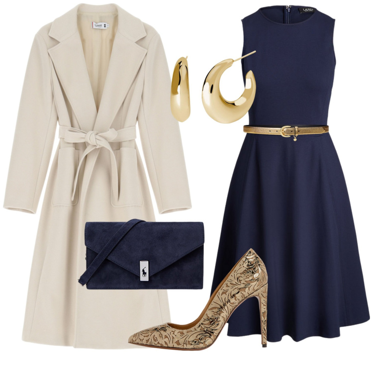 Outfit donna - Blu e oro. Stile Chic per Serata fuori. Abbinamento con orecchini, cappotti, vestiti senza maniche, décolleté, clutch, cinture.