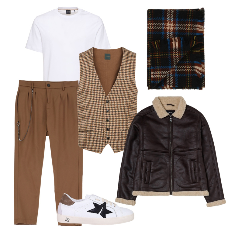 Outfit uomo - Casual style. Stile Casual per Tutti i giorni. Abbinamento con sciarpe, pantaloni, sneakers, gilet, giacche, t-shirt.