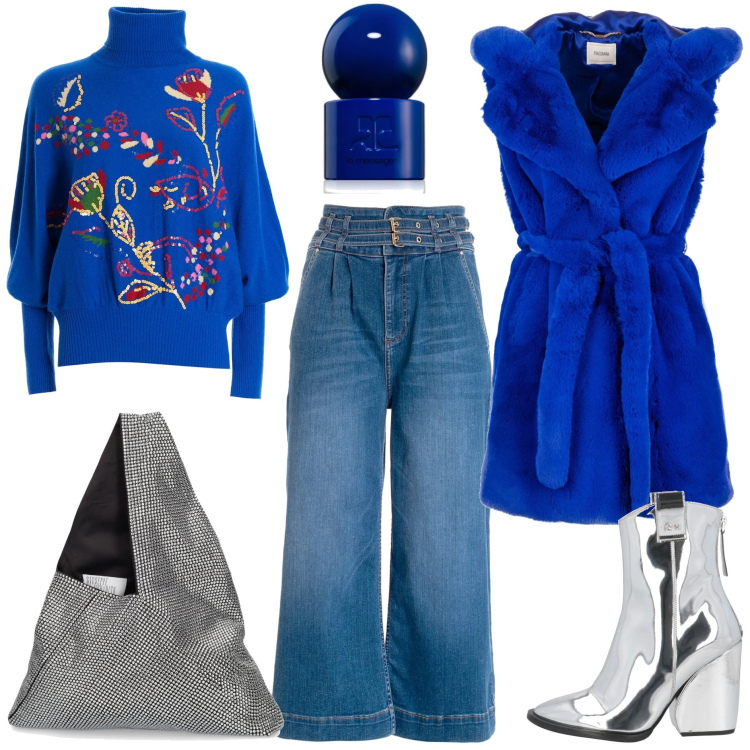 Outfit donna - Courreges. Stile Glamour per Tutti i giorni. Abbinamento con stivaletti texani, profumi, gilet, maglieria, jeans, borse a spalla.