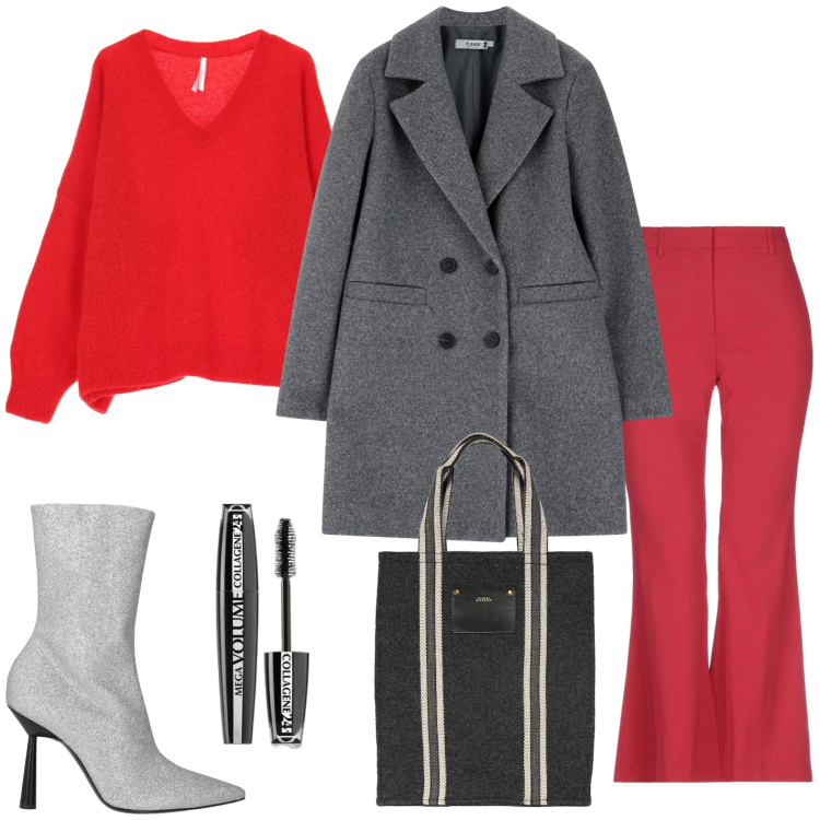 Outfit donna - Il cappotto grigio perla. Stile Chic per Serata fuori. Abbinamento con pantaloni, stivaletti, mascara, cappotti, maglieria, shopping bag.