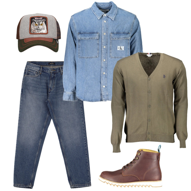 Outfit uomo - In denim. Stile Urban per Tutti i giorni. Abbinamento con jeans, stivali, cappelli con visiera, camicie, cardigans.